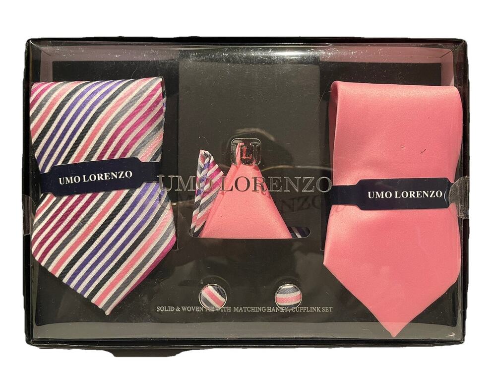 Umo Lorenzo Solid Woven Tie Set W/ Matching Hanky, Cuff Link Set - Pink